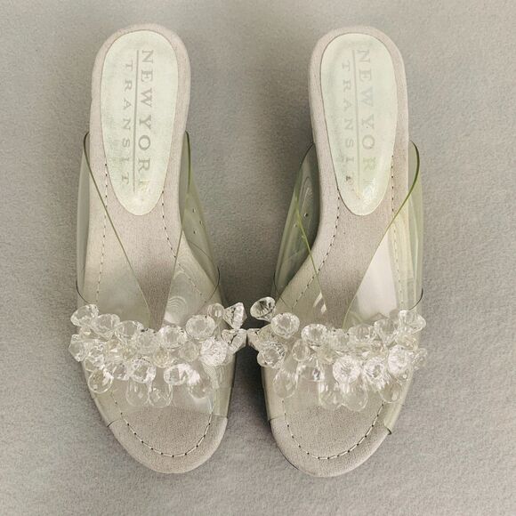 New York Transit Clear Wedge Sandals 8 Crystal Beaded Slip On Shoes Y2K Party - Picture 3 of 7